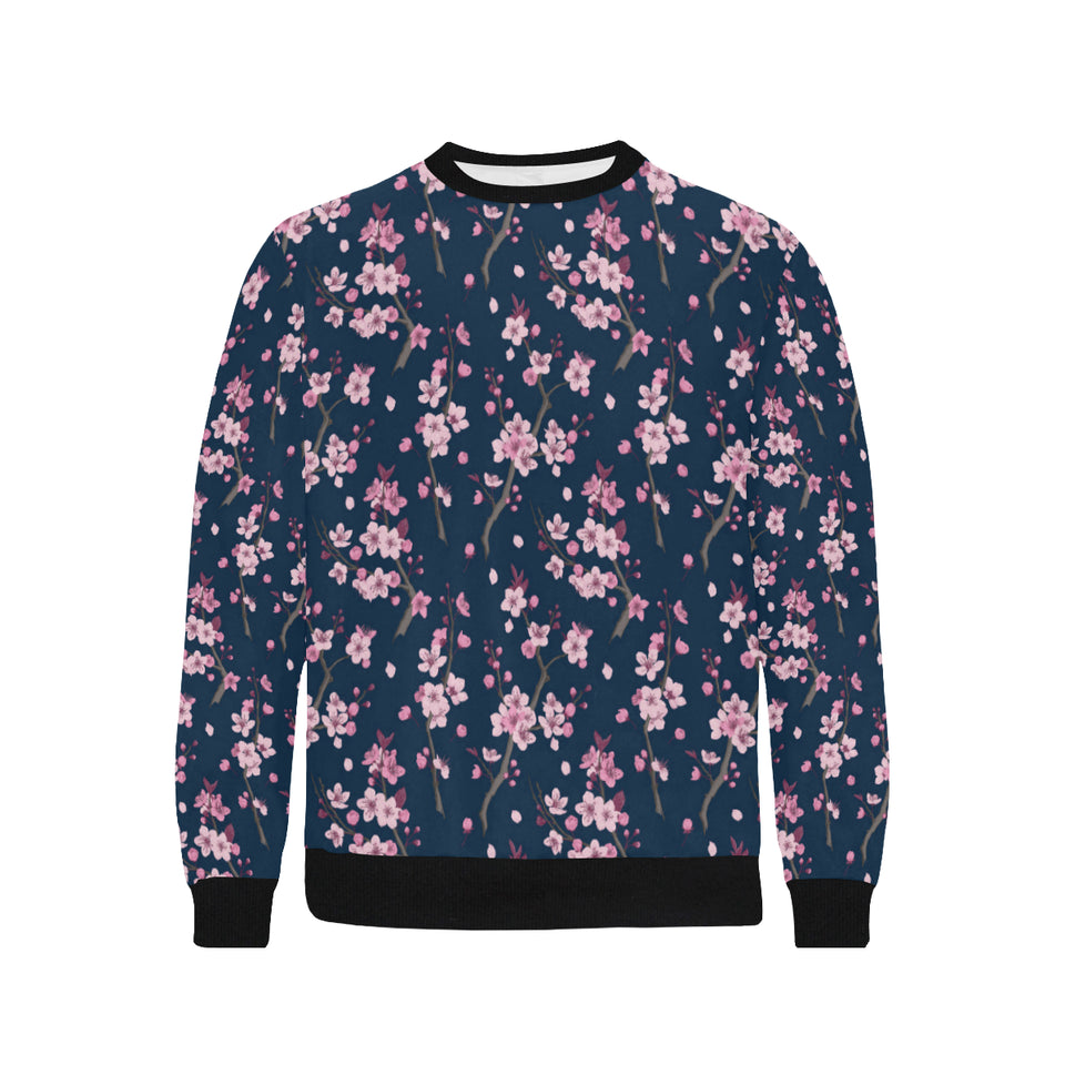 Pink sakura cherry blossom blue background Men's Crew Neck Sweatshirt