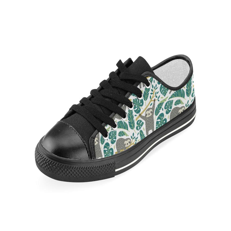 Cute sloths tropical palm leaves white background Kids' Boys' Girls' Low Top Canvas Shoes Black