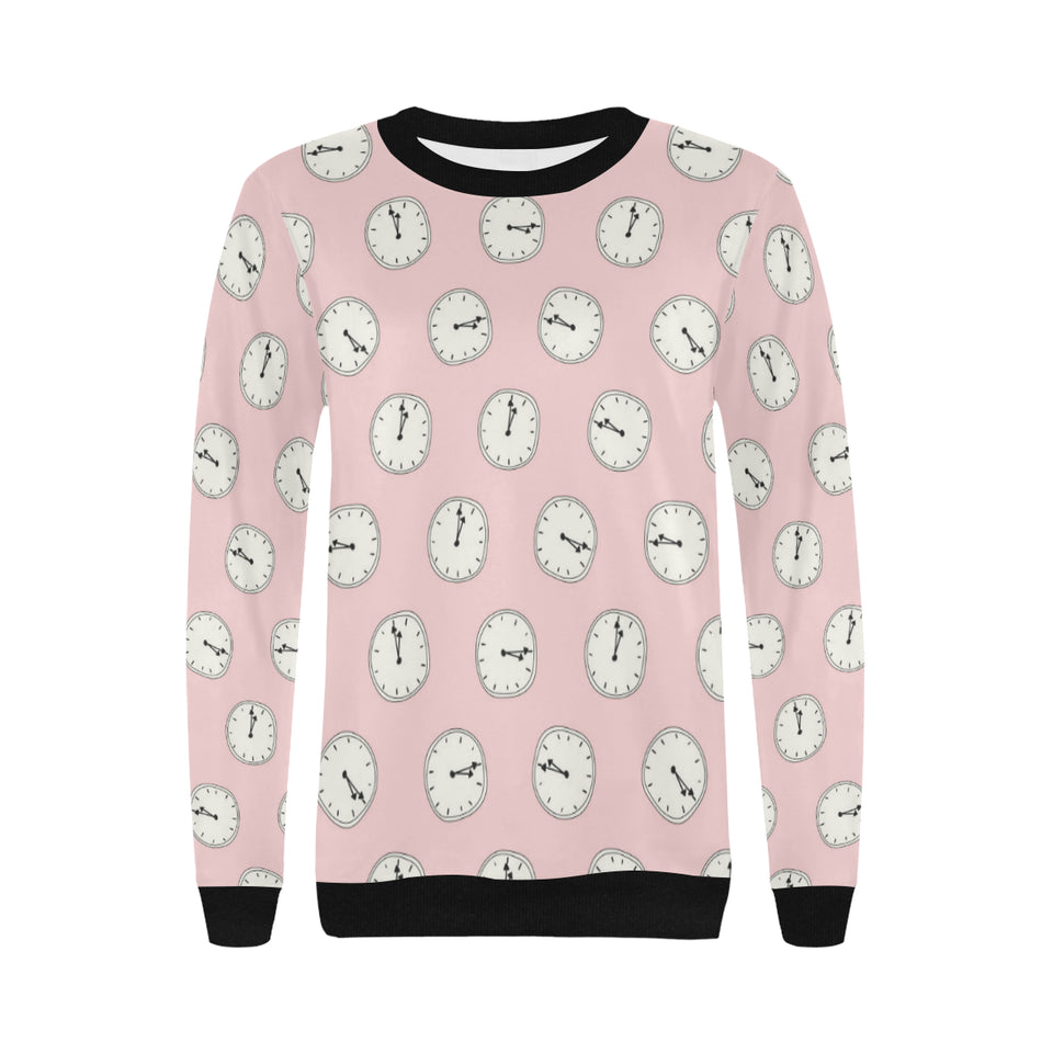 Clock pattern pink blackground Women's Crew Neck Sweatshirt