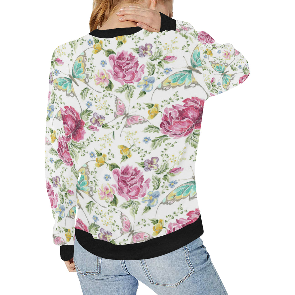 Hand drawn butterfly rose Women's Crew Neck Sweatshirt