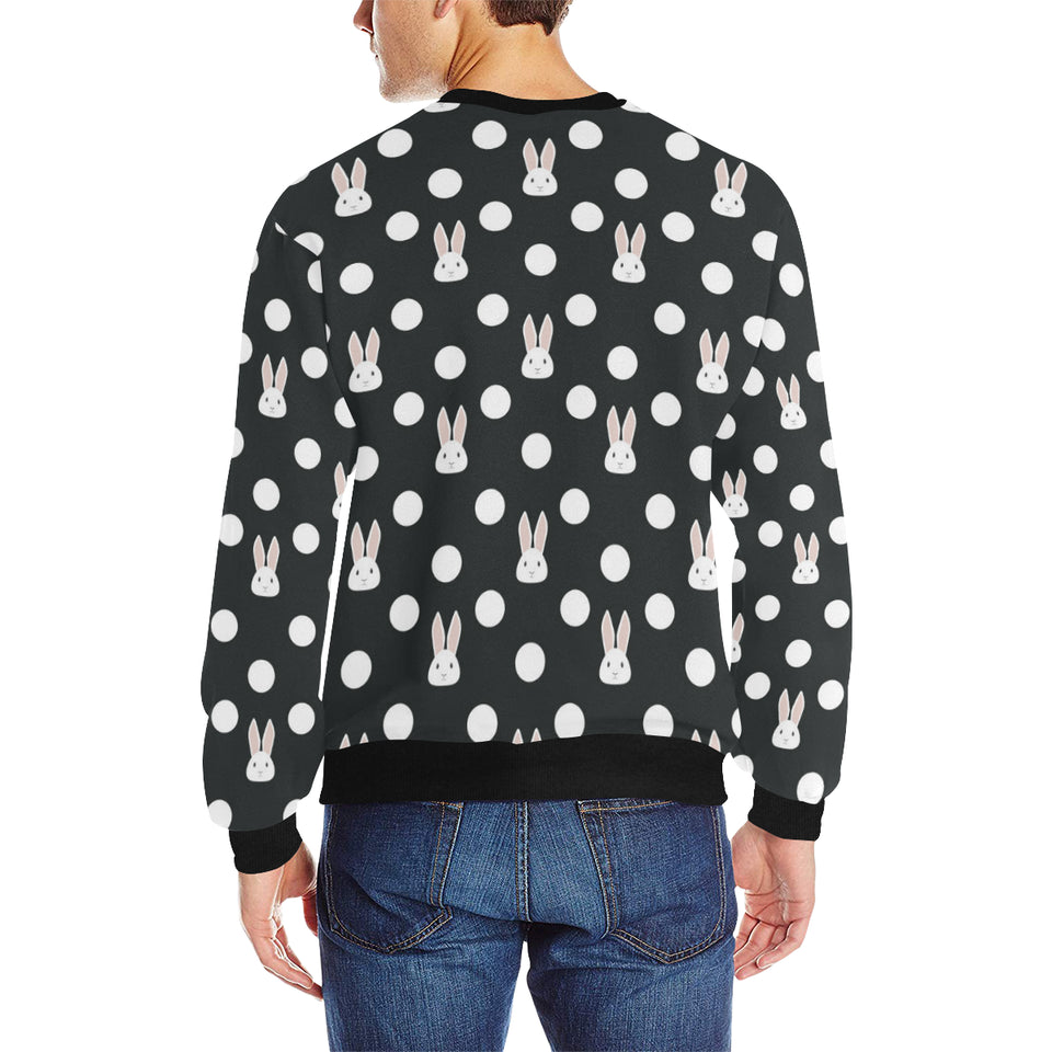 Cute white rabbit polka dots black background Men's Crew Neck Sweatshirt