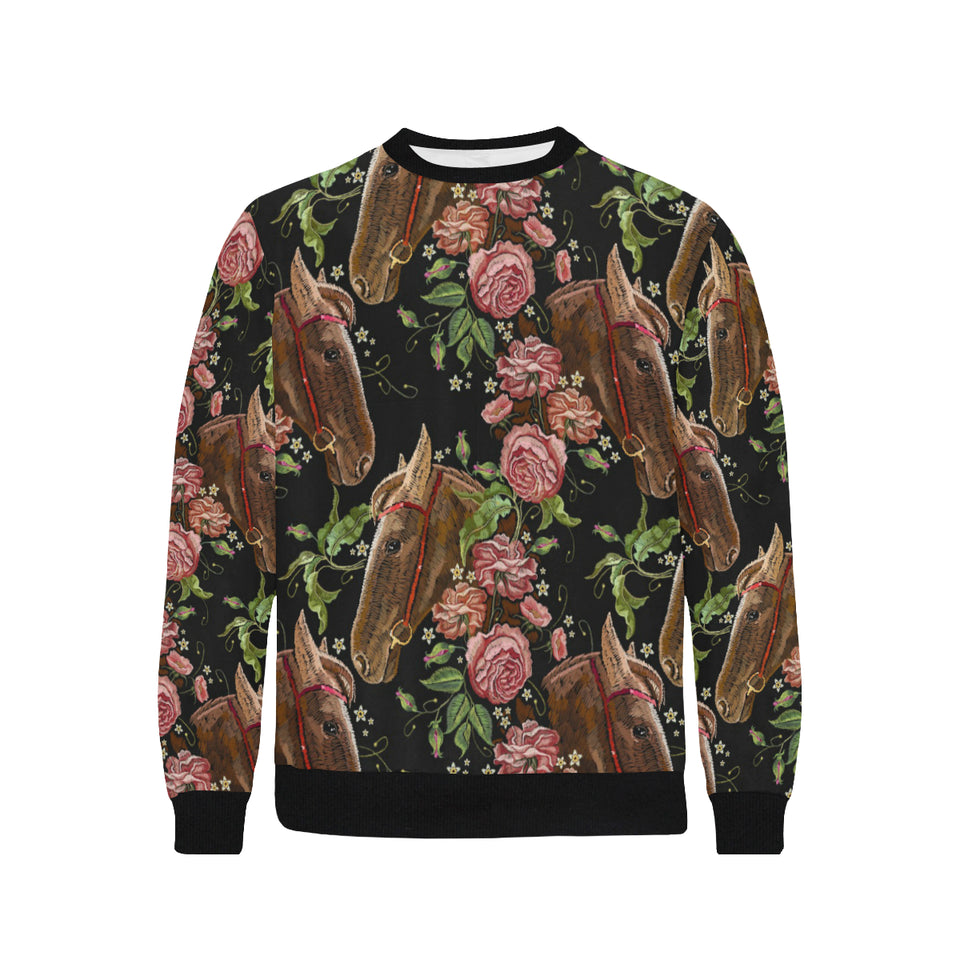 Horse head wild roses pattern Men's Crew Neck Sweatshirt