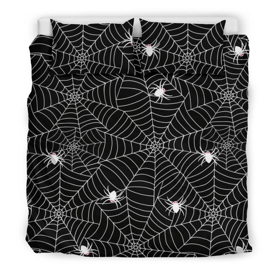 Spider Web Design Pattern Black Background White Cobweb Bedding Set