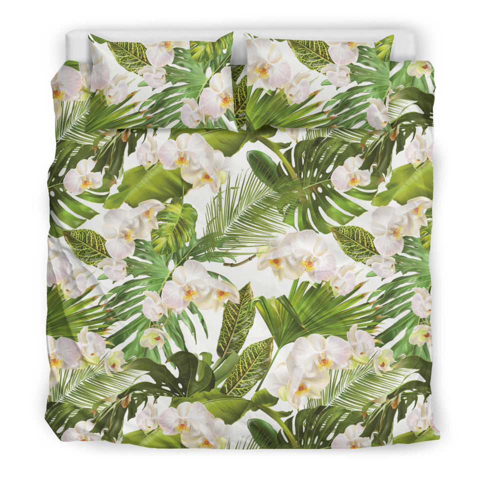White Orchid Flower Tropical Leaves Pattern Bedding Set