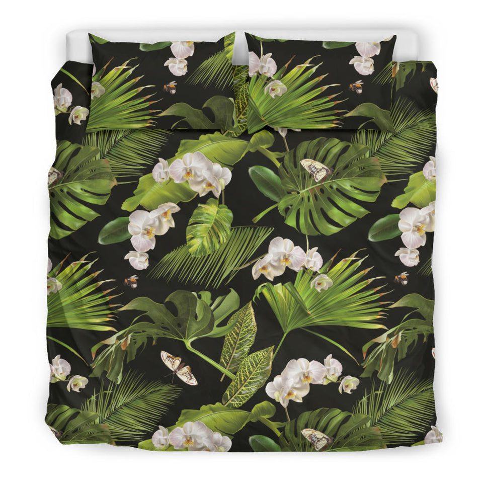 White Orchid Flower Tropical Leaves Pattern Blackground Bedding Set