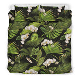 White Orchid Flower Tropical Leaves Pattern Blackground Bedding Set