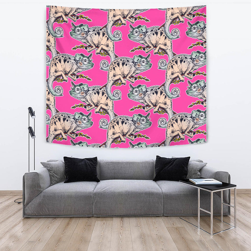 Chameleon Lizard Pattern Pink Background Wall Tapestry