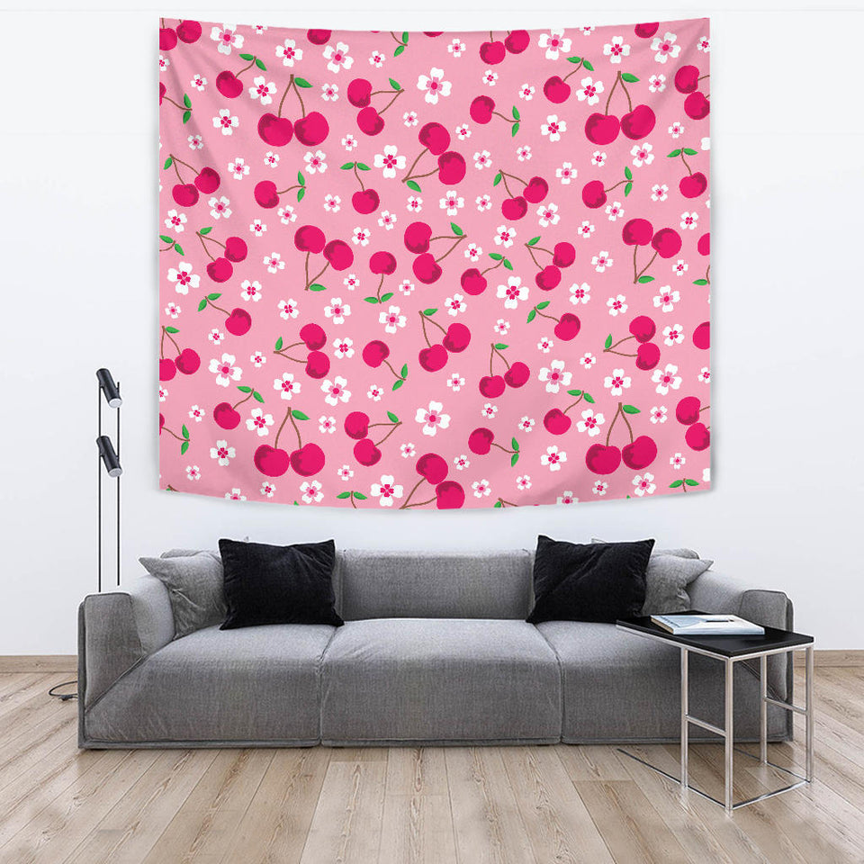 Cherry Flower Pattern Pink Background Wall Tapestry