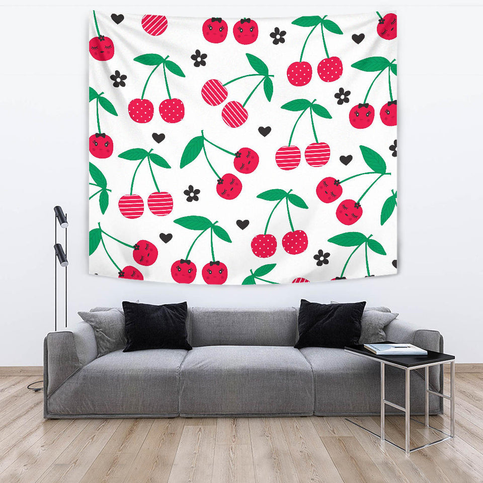 Cherry Pattern White Background Wall Tapestry