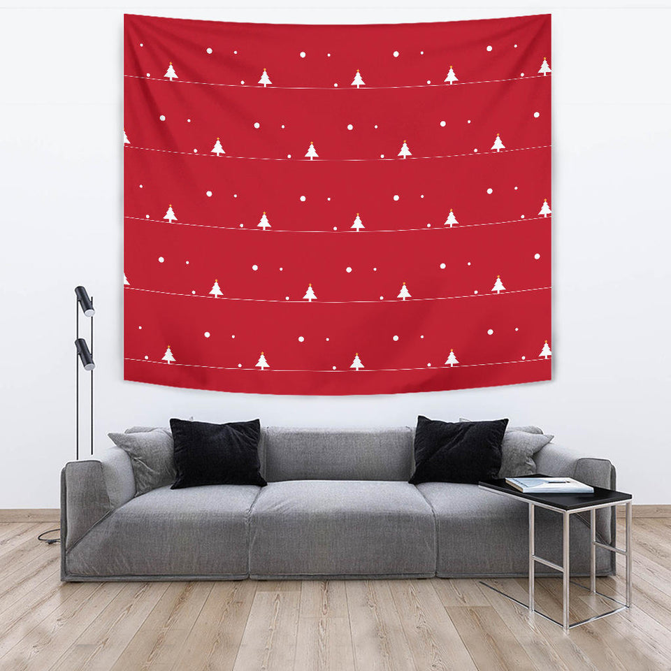 Christmas Tree Star Snow Red Background Wall Tapestry