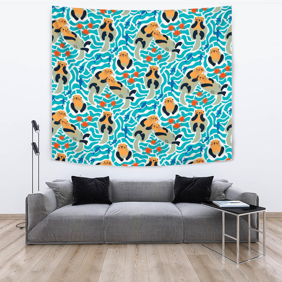 Cute Sea Otters Fishe Sea Urchin Pattern Wall Tapestry