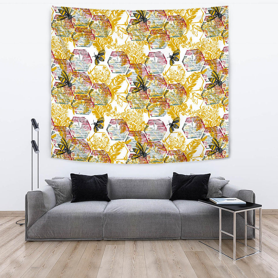 Cool Bee Honeycomb Leaves Pattern Wall Tapestry