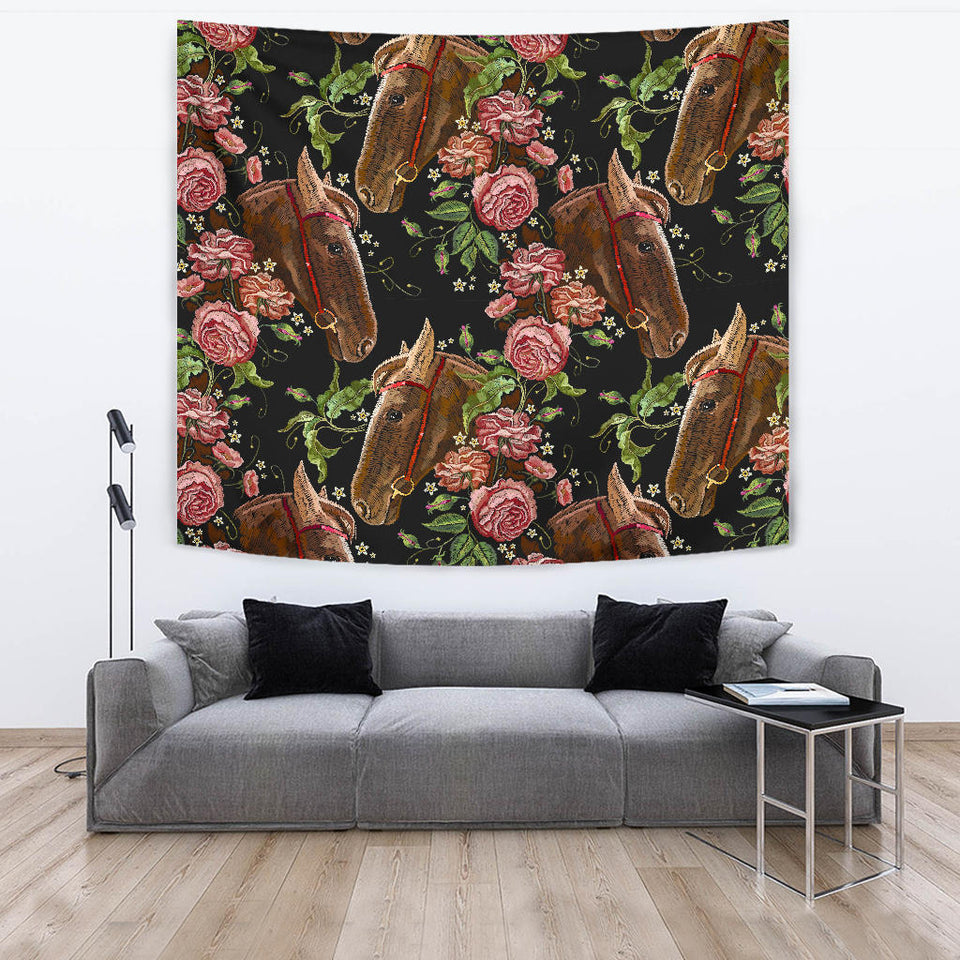 Horse Head Wild Roses Pattern Wall Tapestry
