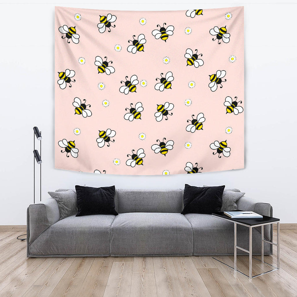 Cute Bee Flower Pattern Pink Background Wall Tapestry