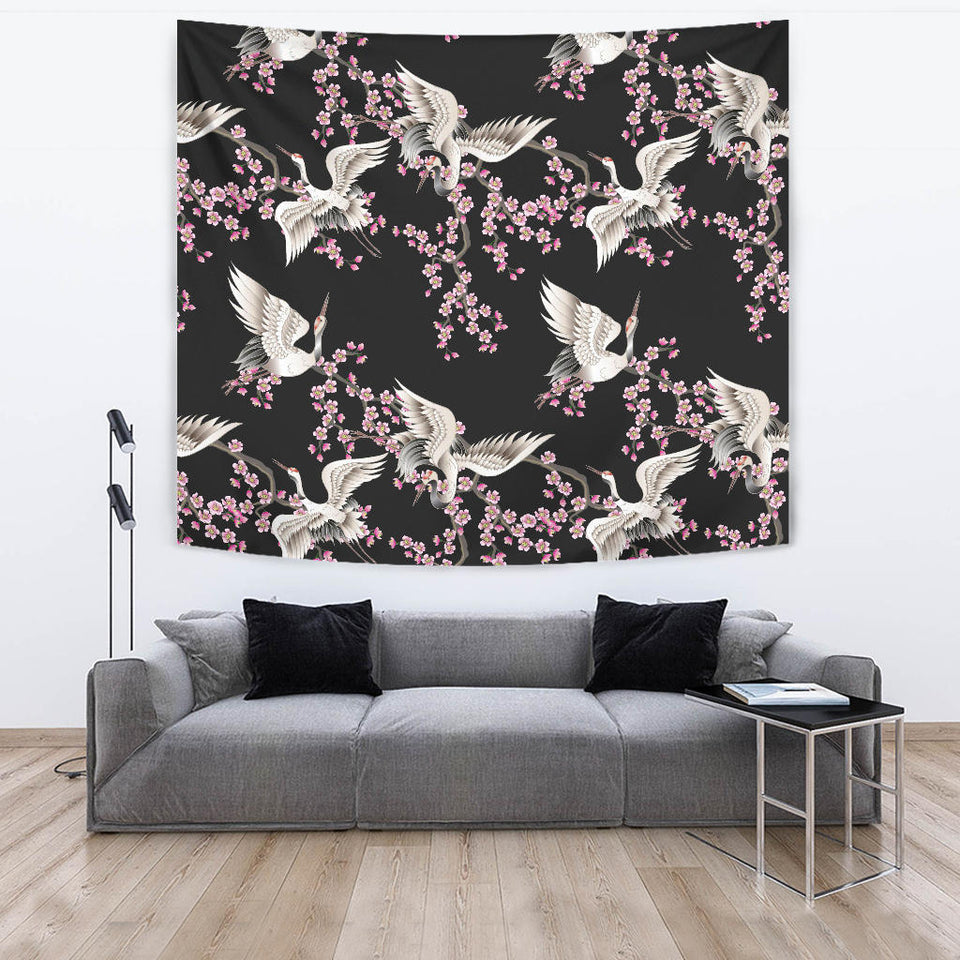 Japanese Crane Pink Sakura Pattern Wall Tapestry