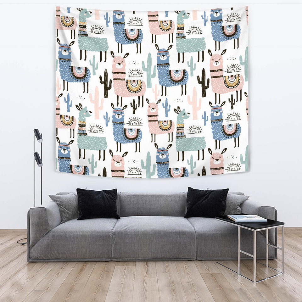 Lama Alpaca Cactus Hand Drawn Pattern Wall Tapestry