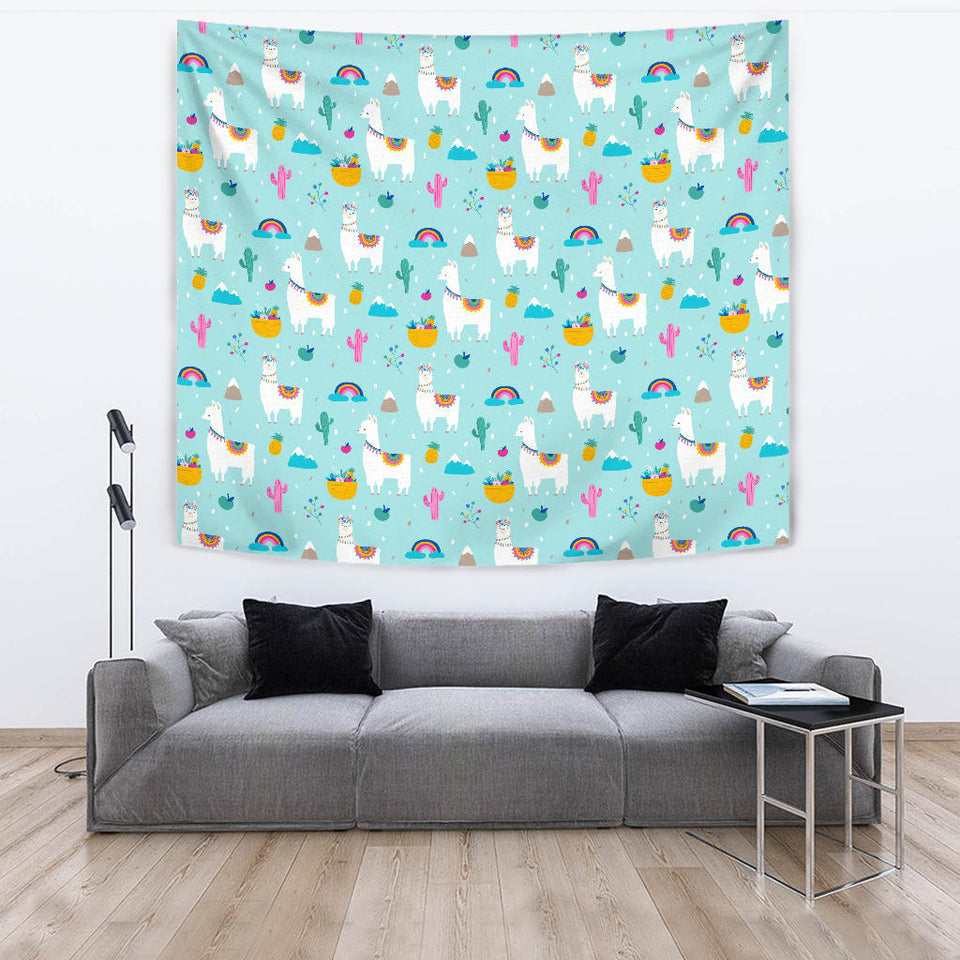 Llama Alpaca Cactus Leaves Pattern Wall Tapestry