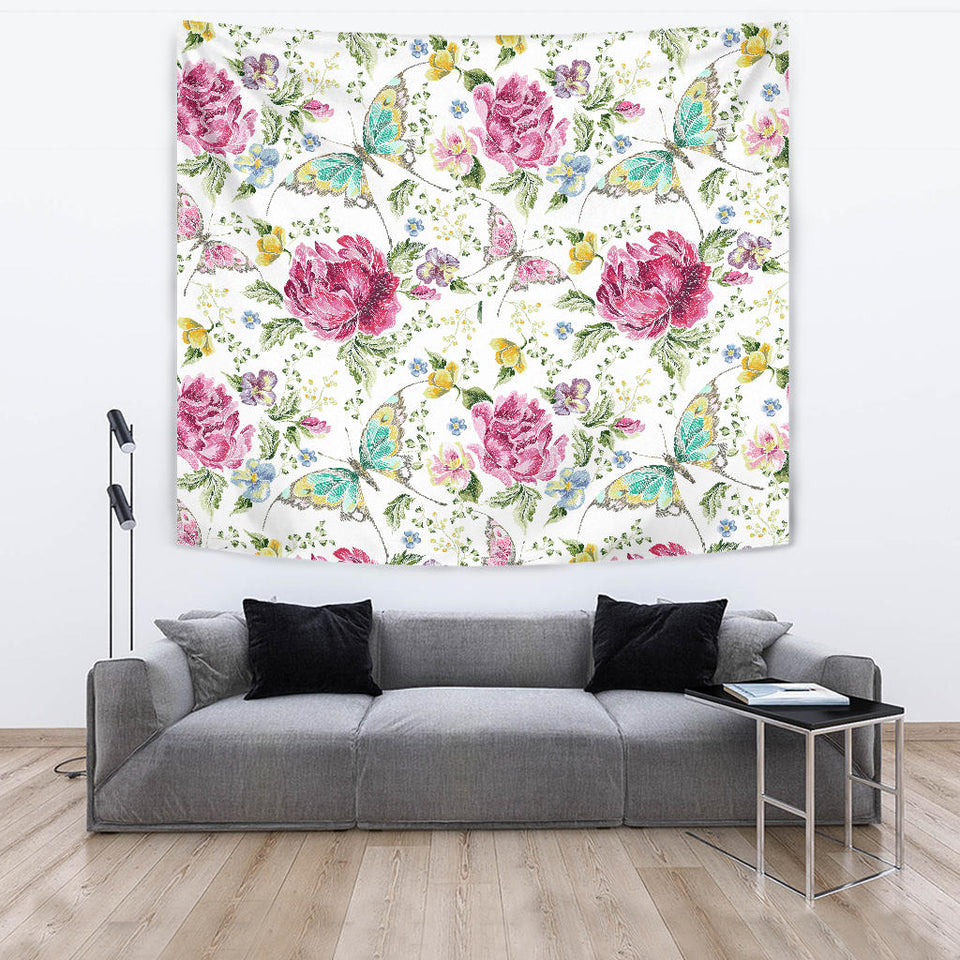 Hand Drawn Butterfly Rose Wall Tapestry