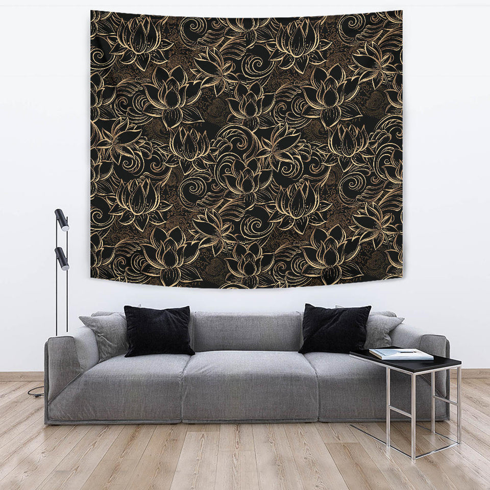 Luxurious Gold Lotus Waterlily Black Background Wall Tapestry
