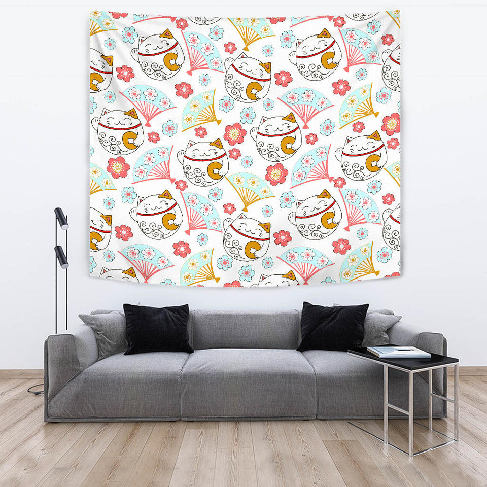 Maneki Neko Lucky Cat Fan Sakura Wall Tapestry