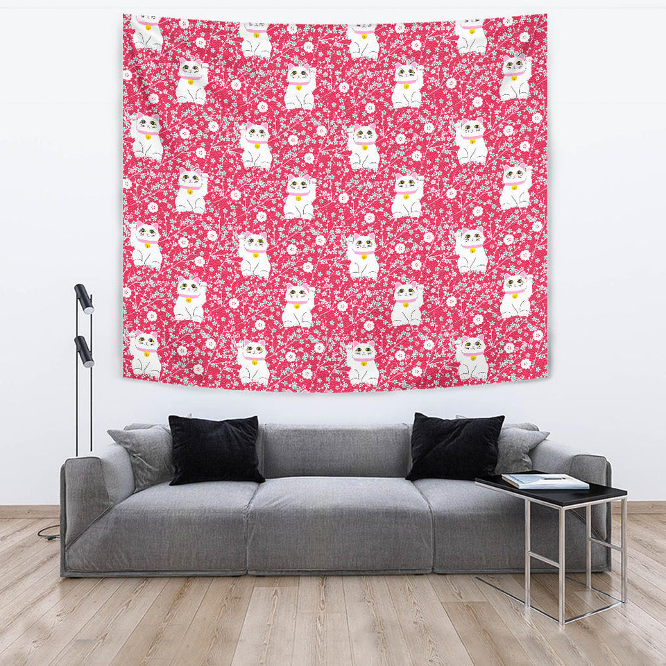 Maneki Neko Lucky Cat Sakura Pink Background Wall Tapestry
