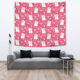 Maneki Neko Lucky Cat Sakura Pink Background Wall Tapestry