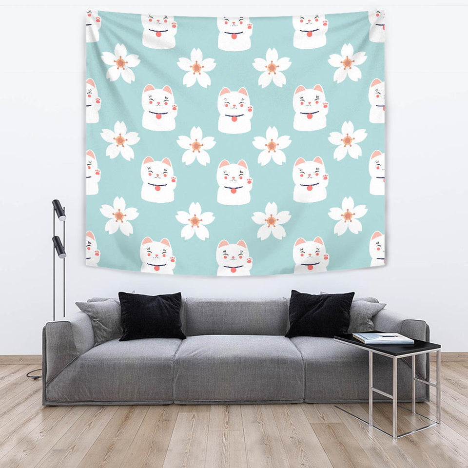 Maneki Neko Lucky Cat Sakura Wall Tapestry