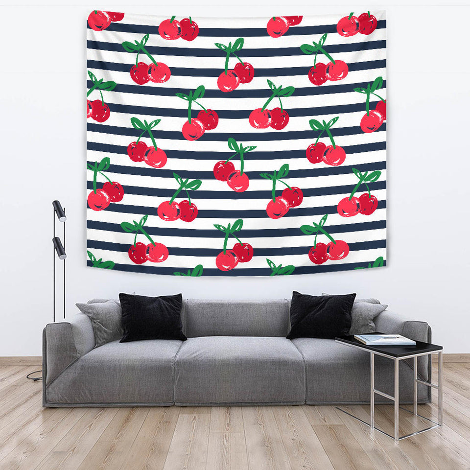 Hand Drawn Cherry Pattern Striped Background Wall Tapestry