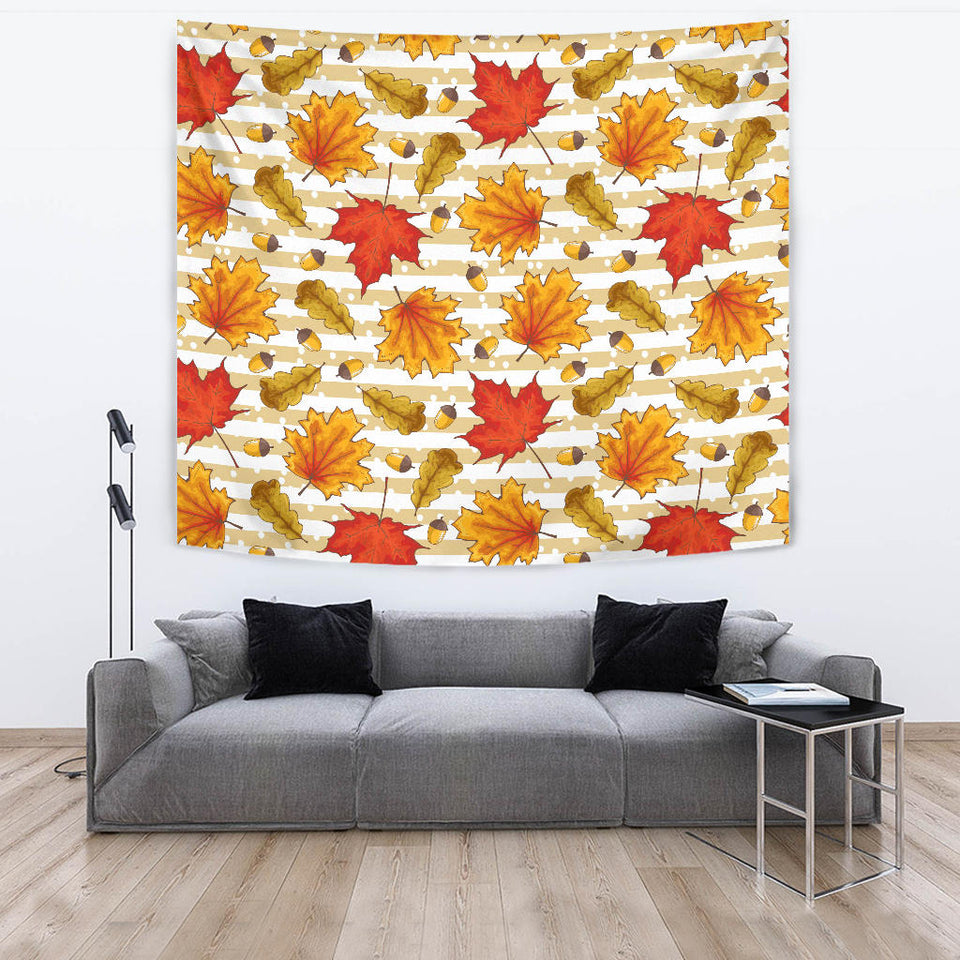 Maple Leaf Oak Leaf Acorns Beige Striped Background Wall Tapestry