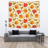 Maple Leaf Oak Leaf Acorns Beige Striped Background Wall Tapestry