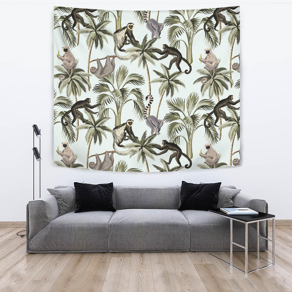 Monkey Sloth Lemur Palm Trees Pattern Wall Tapestry