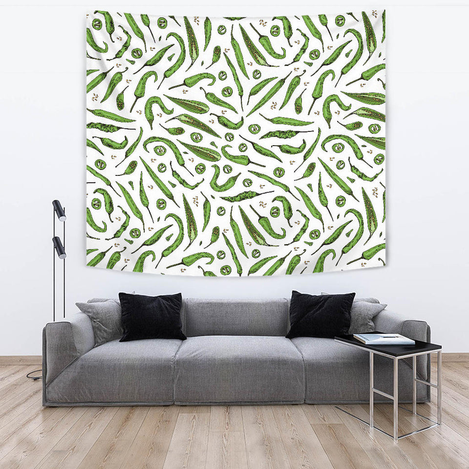 Hand Drawn Sketch Style Green Chili Peppers Pattern Wall Tapestry