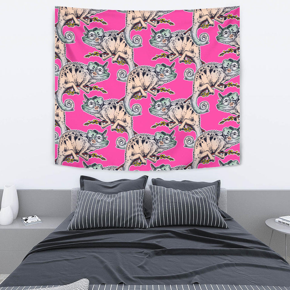 Chameleon Lizard Pattern Pink Background Wall Tapestry