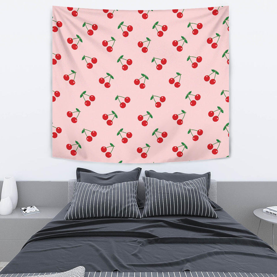 Cherry Pattern Pink Background Wall Tapestry