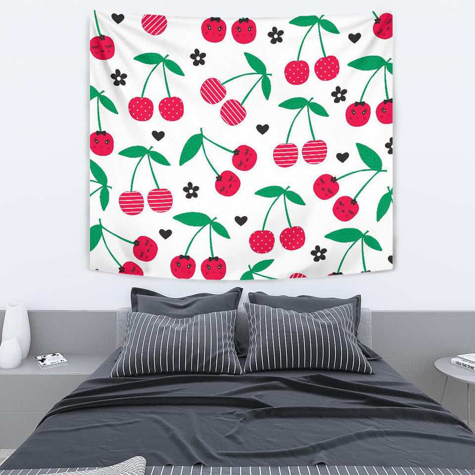 Cherry Pattern White Background Wall Tapestry