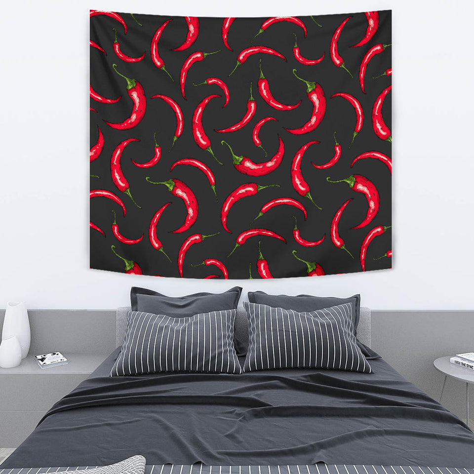 Chili Peppers Pattern Black Background Wall Tapestry