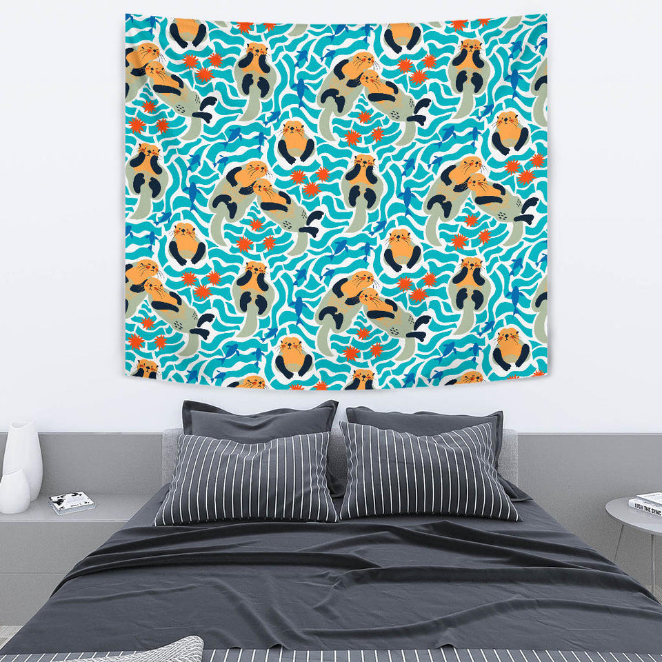 Cute Sea Otters Fishe Sea Urchin Pattern Wall Tapestry