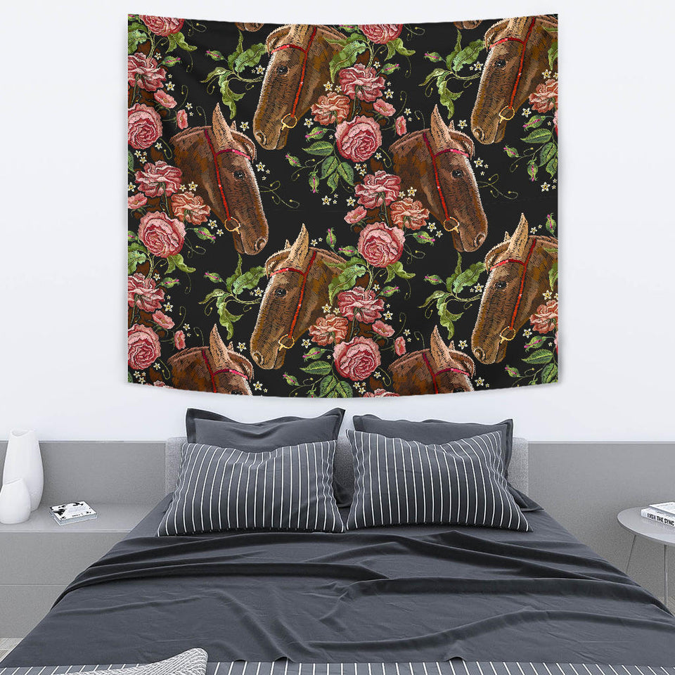 Horse Head Wild Roses Pattern Wall Tapestry