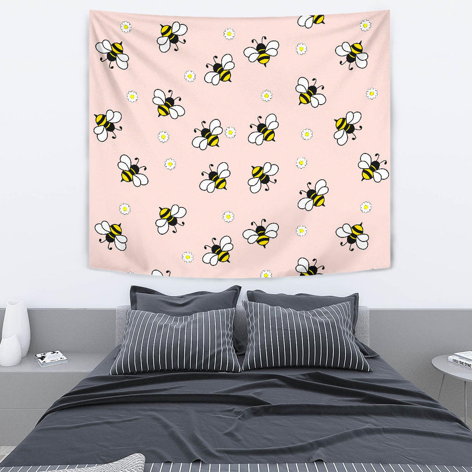 Cute Bee Flower Pattern Pink Background Wall Tapestry