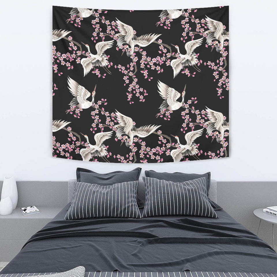 Japanese Crane Pink Sakura Pattern Wall Tapestry