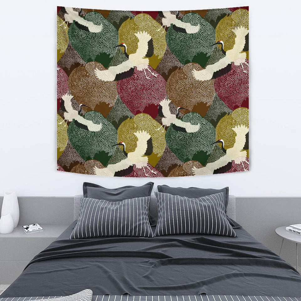 Japanese Cranes Flying Forest Dot Pattern Wall Tapestry