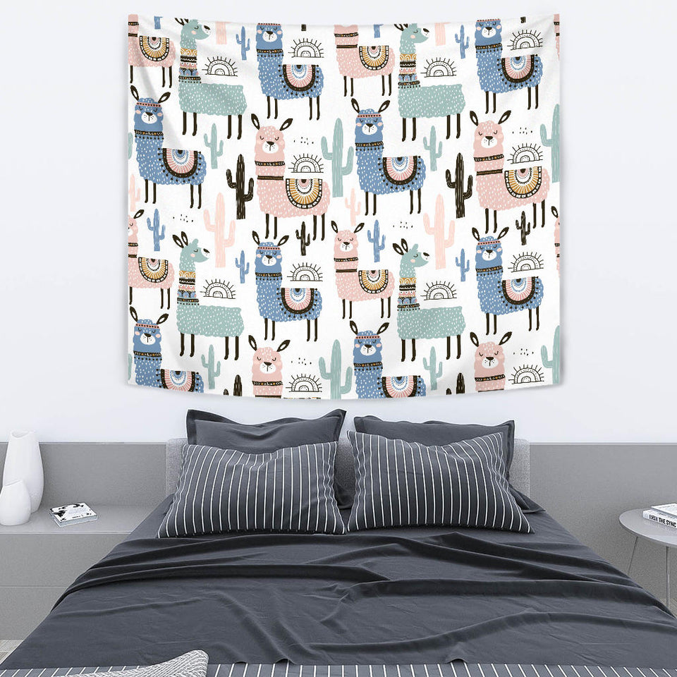 Lama Alpaca Cactus Hand Drawn Pattern Wall Tapestry