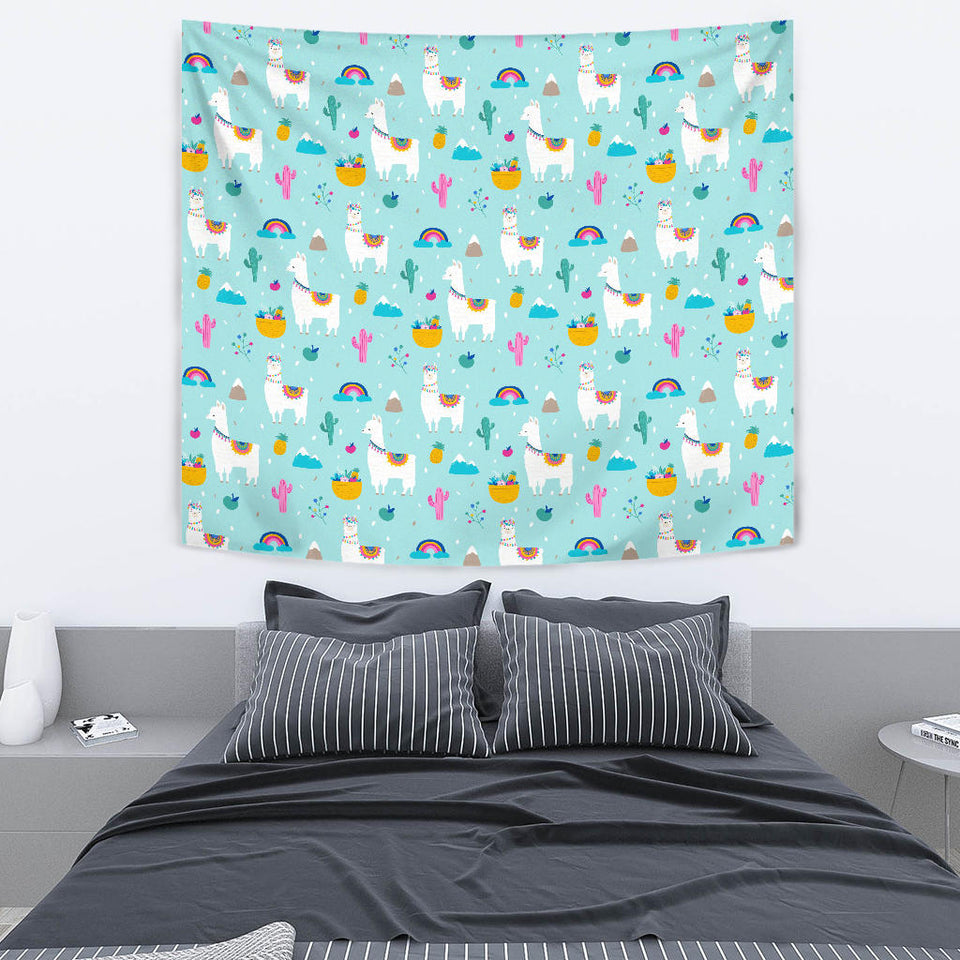 Llama Alpaca Cactus Leaves Pattern Wall Tapestry