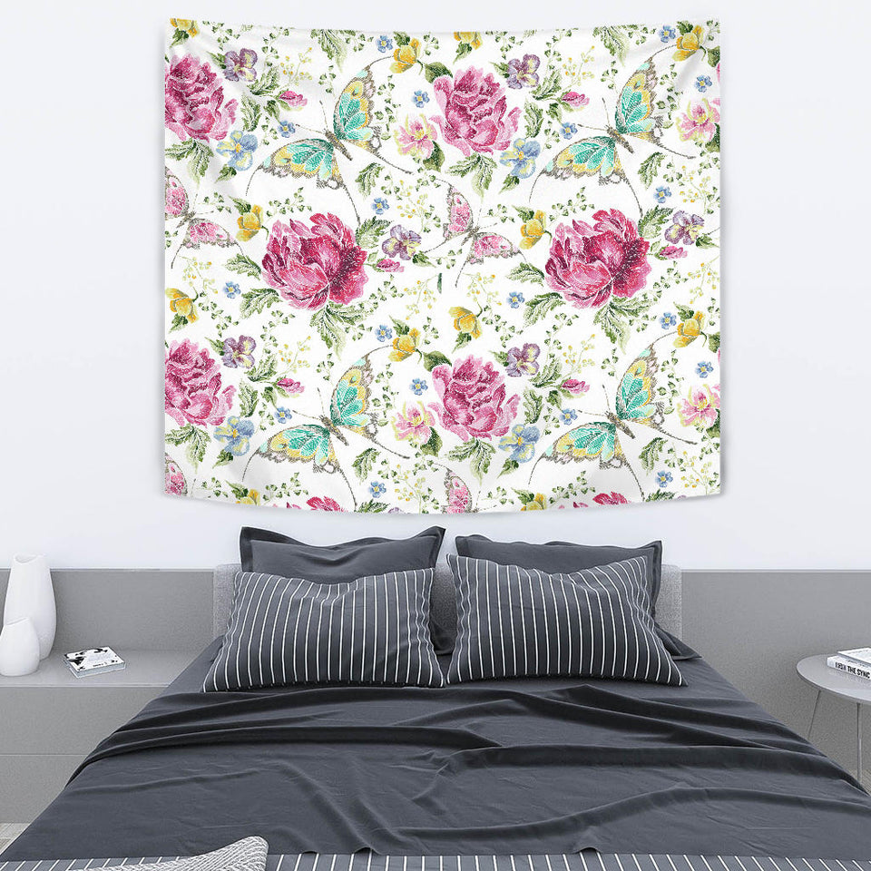 Hand Drawn Butterfly Rose Wall Tapestry