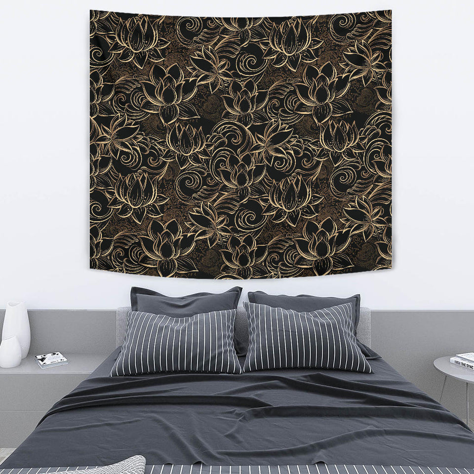 Luxurious Gold Lotus Waterlily Black Background Wall Tapestry