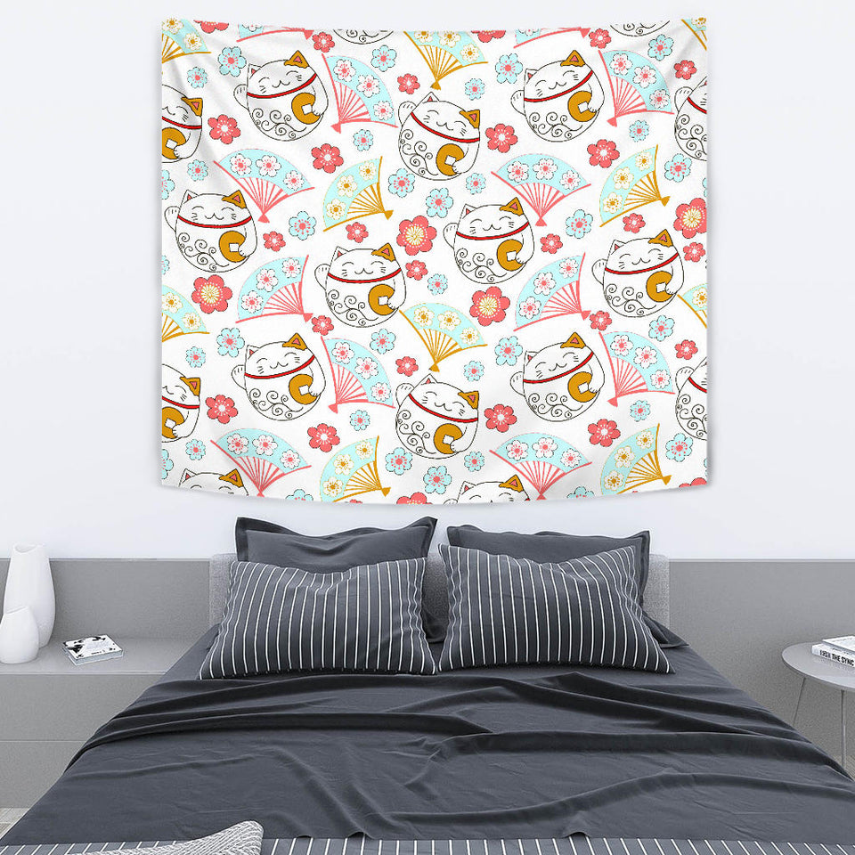 Maneki Neko Lucky Cat Fan Sakura Wall Tapestry
