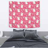 Maneki Neko Lucky Cat Sakura Pink Background Wall Tapestry