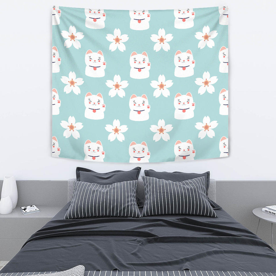 Maneki Neko Lucky Cat Sakura Wall Tapestry