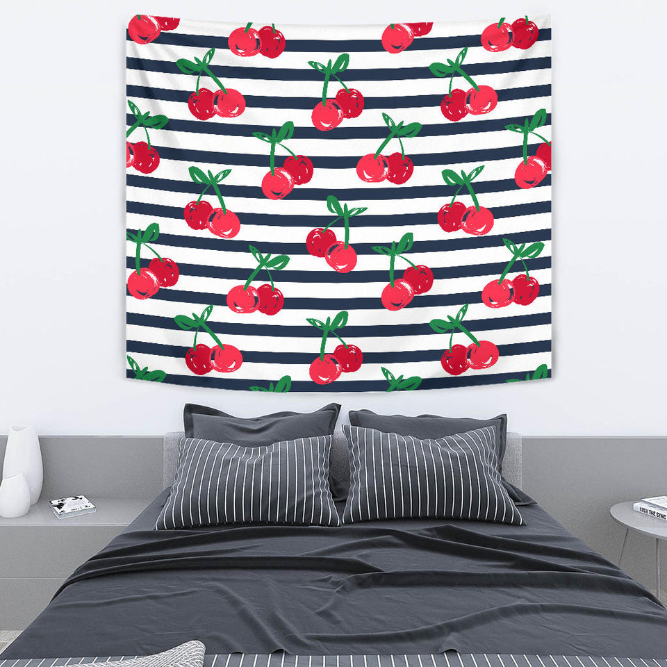 Hand Drawn Cherry Pattern Striped Background Wall Tapestry