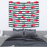 Hand Drawn Cherry Pattern Striped Background Wall Tapestry